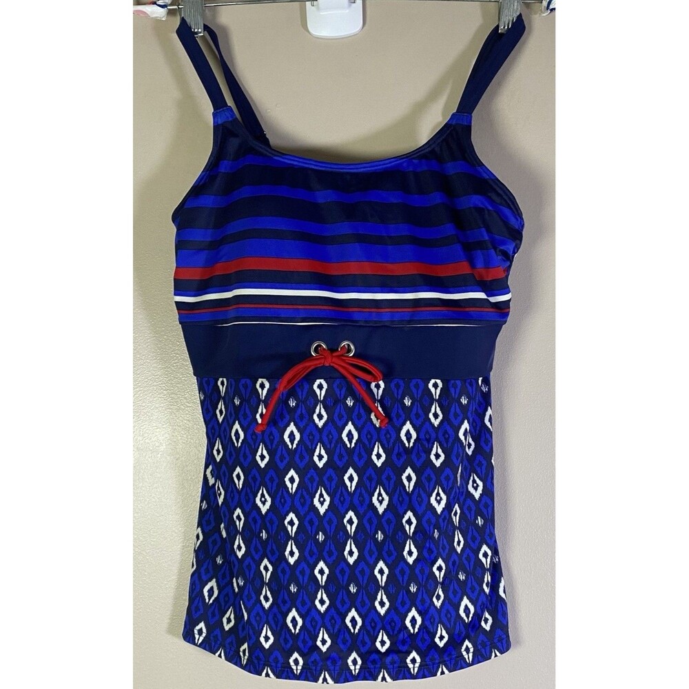 Amoena Swimsuit Tankini Blue & White & Red UV Swimwear Size 8B Cup Style 71281